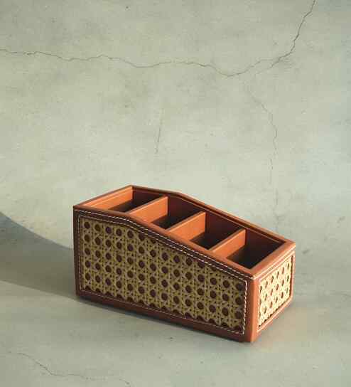 Tan Brown PU Leather Remote Control Organizer Holder for TV Remotes and Gadgets Multipurpose Desk Storage Organizer