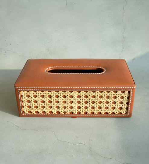 Tan Brown Rectangular PU Leather and Natural Rattan Tissue Box Holder