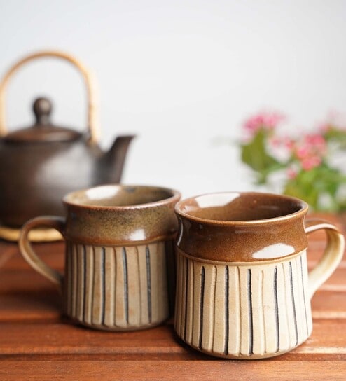 Stripped 200ml Brown (Set of 2) Ceramic Coffee Mug