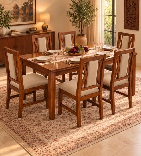 Tarang 6 Seater Dining Set In Provincial Teak Finish With Beige Colour Chair