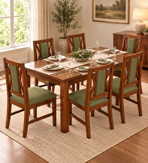 Tarang 6 Seater Dining Set In Provincial Teak Finish With Olive Green Colour Chair