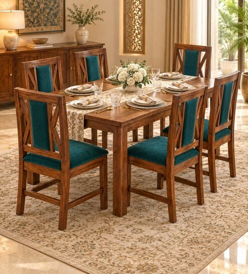 Tarang 6 Seater Dining Set In Provincial Teak Finish With Teal Green Colour Chair