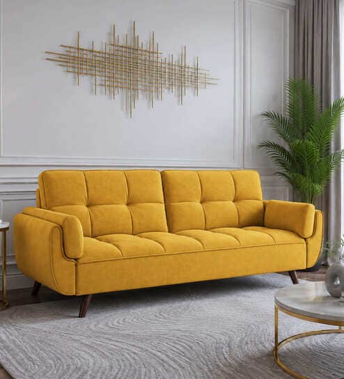Tarantino 3 Seater upholstered Convertible Sofa Cum Bed In Mustard Colour