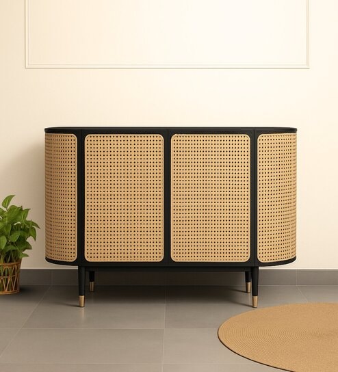 Taru Cane Storage Cabinet in Black Finish