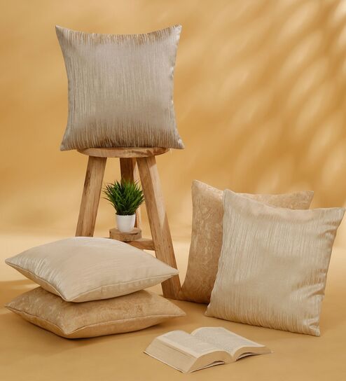 Taupe, Beige and Warm Grey Polyester Jacquard 16x16 inches Cushion Cover Set of 5