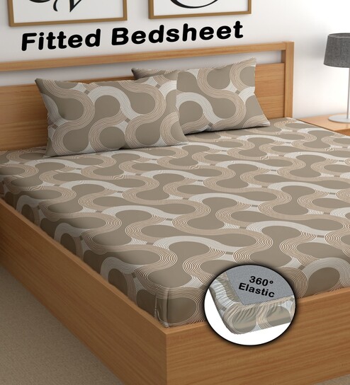 Taupe 200 TC Abstract Cotton Fitted Double Bedsheet 2 Pillow covers