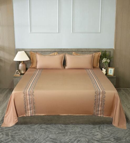 Taupe Mist 300TC 100% Cotton Solids Flat Embroidered Super King Bedsheet With 2 Pillow Covers