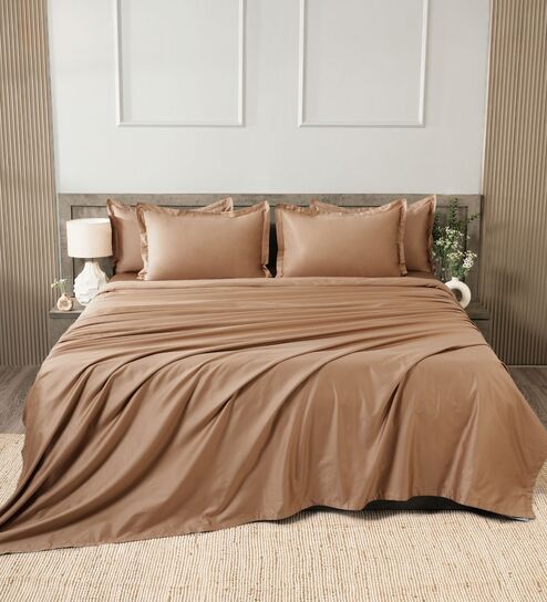 Brown 400TC 100% Cotton Solid Flat Super King Bedsheet With 2 Pillow Covers