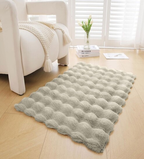 Taupe Solid Polyester 3 X 5 Feet Bubble Fur Machine Made Carpet
