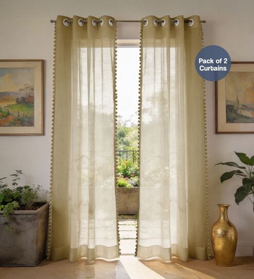 Taupe with pom pomSolid Polyester Curtains for Window Pack of 2