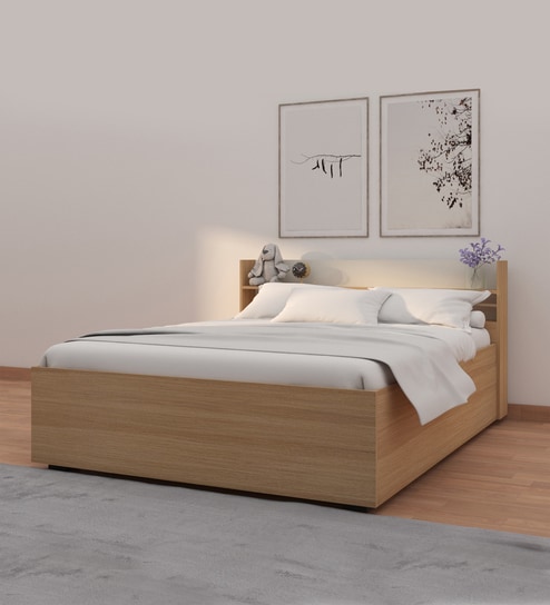 Taurus Queen Size Bed in Oak and White Finish With Box Storage