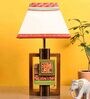 Table Lamp Handcrafted In Wood With Tribal Motifs & White Shade