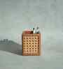 Tan Brown PU Leather and Natural Rattan Desk Organizer Stationery Holder