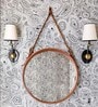 18 Inch Tan Leather Round Hanging Mirror with Belt