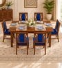 Tarang 6 Seater Dining Set In Provincial Teak Finish With Navy Blue Colour Chair Tarang 6 Seater Dining Set In Provincial Teak Finish With Navy Blue Colour Chair
