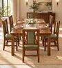 Tarang 6 Seater Dining Set In Provincial Teak Finish With Olive Green Colour Chair Tarang 6 Seater Dining Set In Provincial Teak Finish With Olive Green Colour Chair