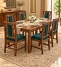 Tarang 6 Seater Dining Set In Provincial Teak Finish With Teal Green Colour Chair Tarang 6 Seater Dining Set In Provincial Teak Finish With Teal Green Colour Chair