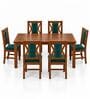 Tarang 6 Seater Dining Set In Provincial Teak Finish With Teal Green Colour Chair Tarang 6 Seater Dining Set In Provincial Teak Finish With Teal Green Colour Chair