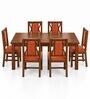 Tarang 6 Seater Dining Set In Provincial Teak Finish With Terracotta Orange Colour Chair Tarang 6 Seater Dining Set In Provincial Teak Finish With Terracotta Orange Colour Chair