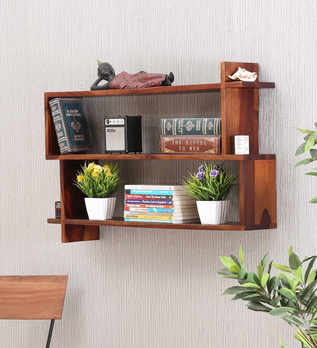 Buy Sheesham Wood Floating Book Shelf in Provincial Teak Finish by