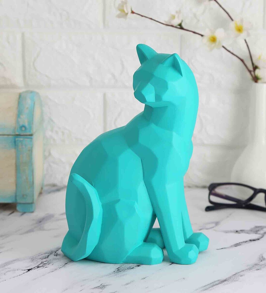 Buy Teal Polyresin Teal Cat Figurine India Circus by Krsnaa Mehta