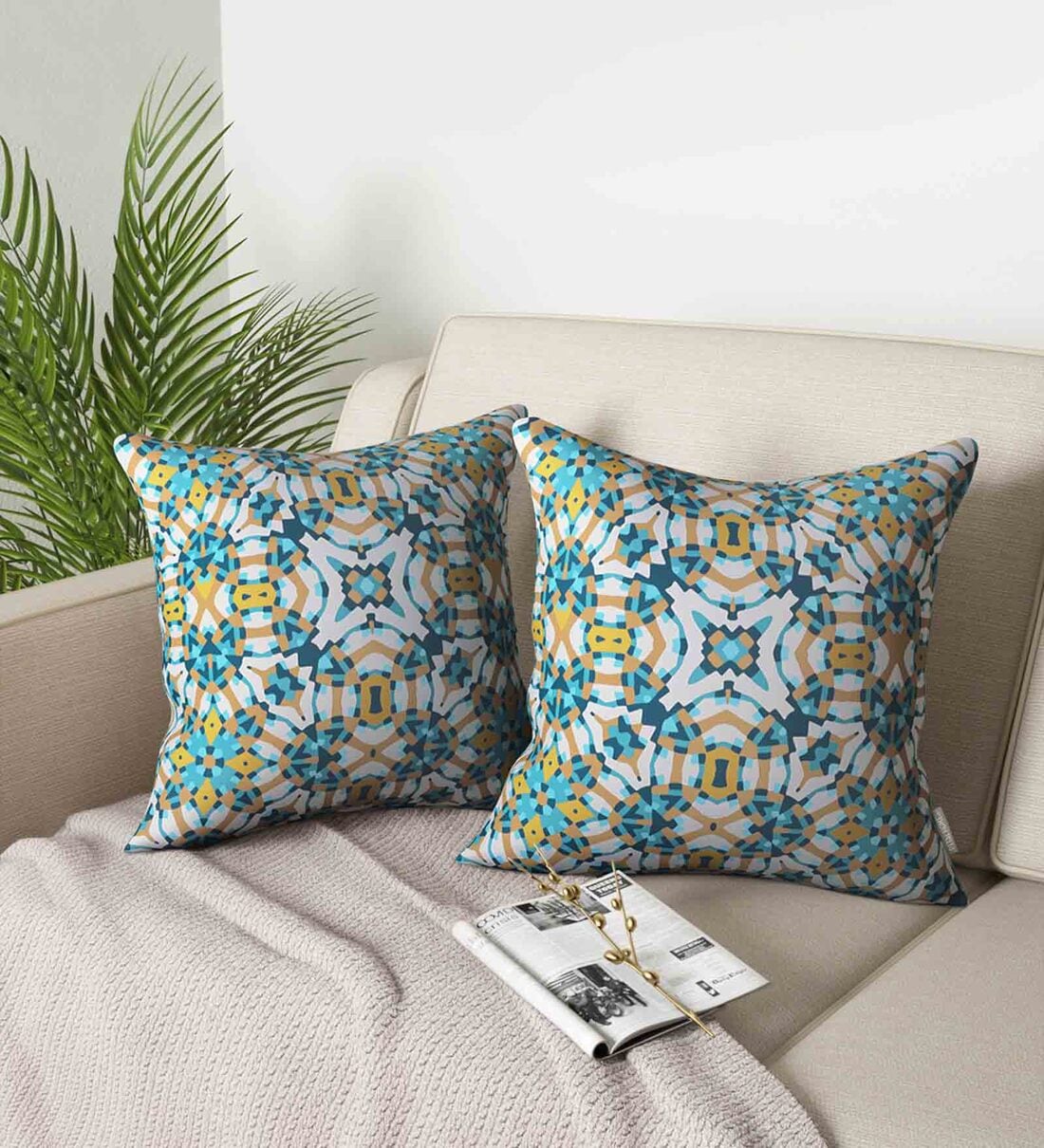 Buy Teal Geometric Cotton 16 x 16 Inches Cushion Covers Set of 2 By