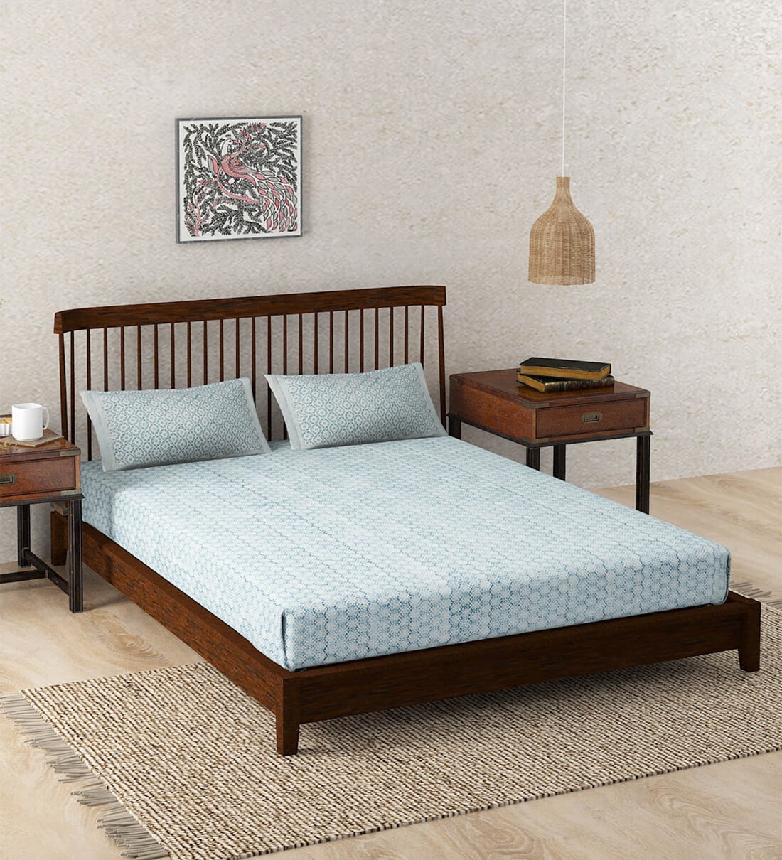 Buy Teal Traditional 180 TC Cotton King Sized Bedsheet with 2 Pillow