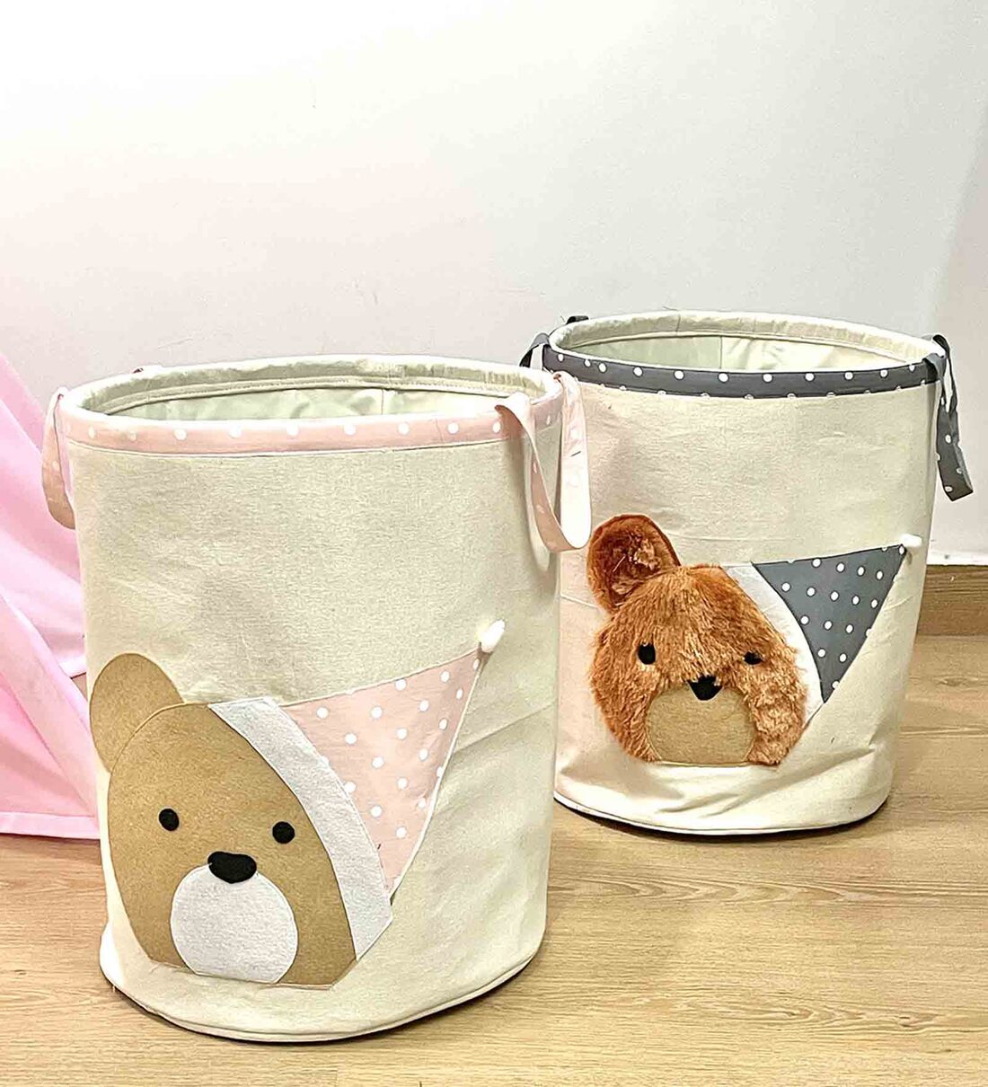 Buy Teddy White Canvas Foldable Laundry Basket (Set of 2) by My Gift
