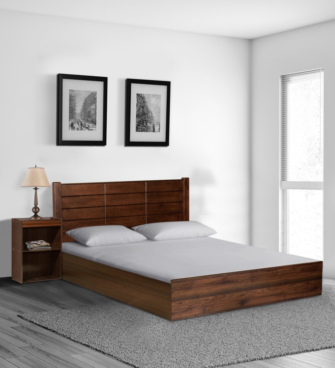 Buy Tetsu King Size Bed in Walnut Finish with Box Storage + One Bedside