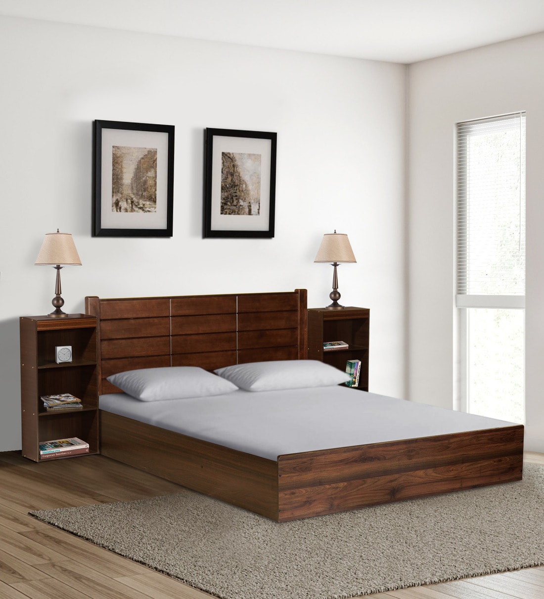 Buy Tetsu Queen Size Bed With Storage Two Bedside Tables In Walnut Finish Mintwud By Pepperfry Online Modern Queen Size Beds Beds Furniture Pepperfry Product