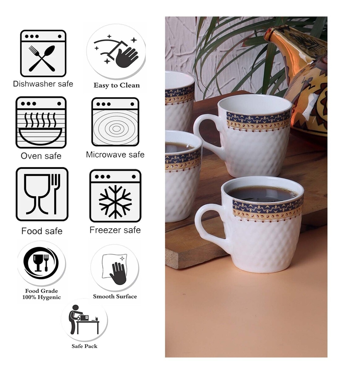 Buy Textured 200ml White Brown Bone China (Set of 6) Tea Cup at