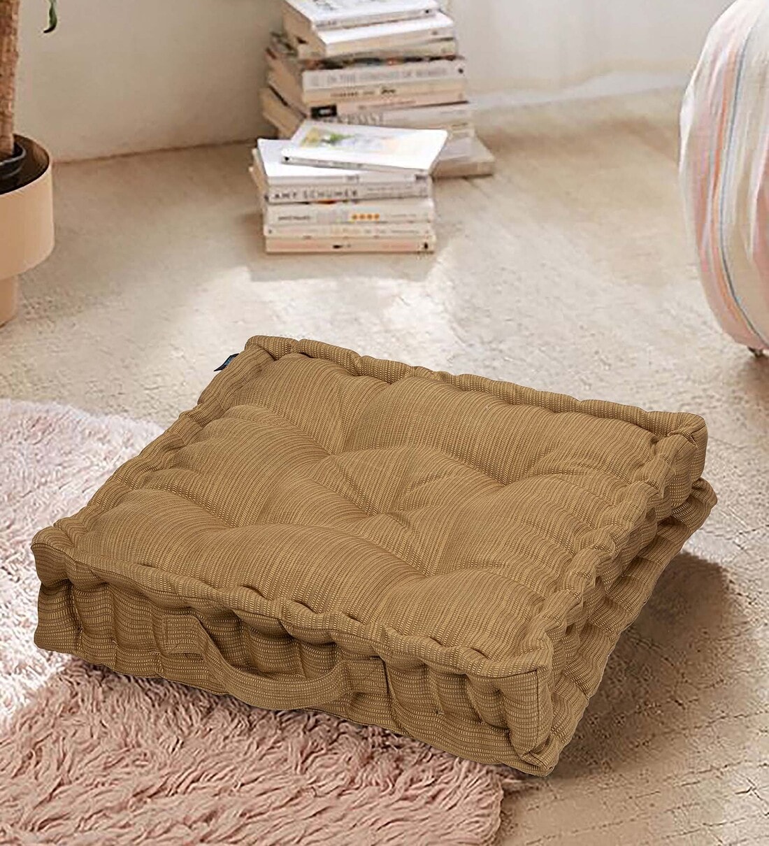 Buy Textured Golden Premium Polyester Square Floor Cushion(Reversible