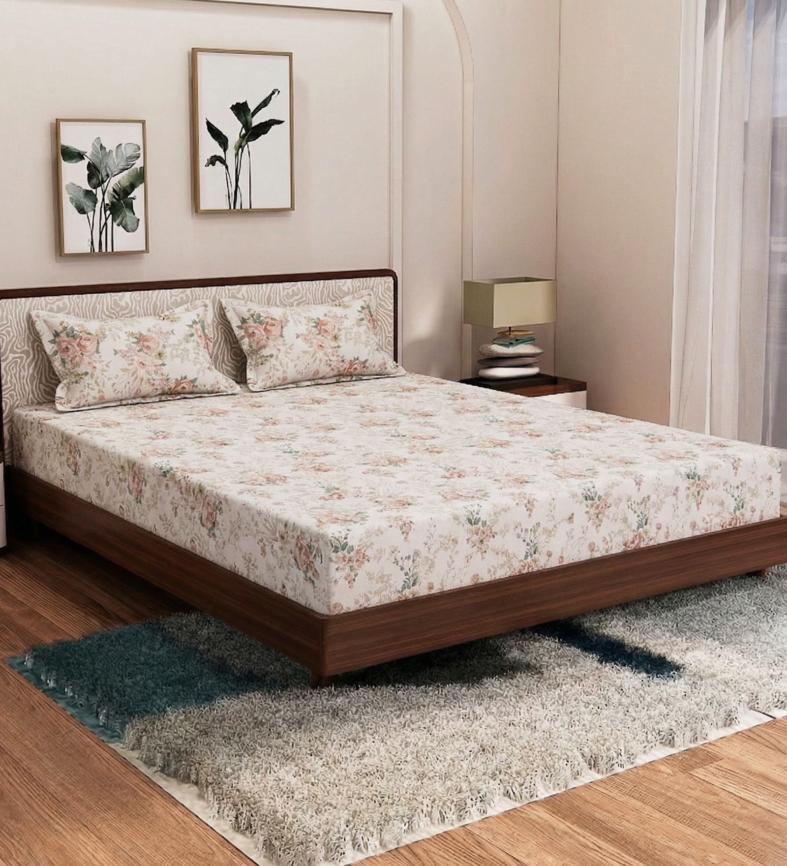 Green Floral 180 TC Polyester King Sized Bedsheet With 2 Pillow Covers