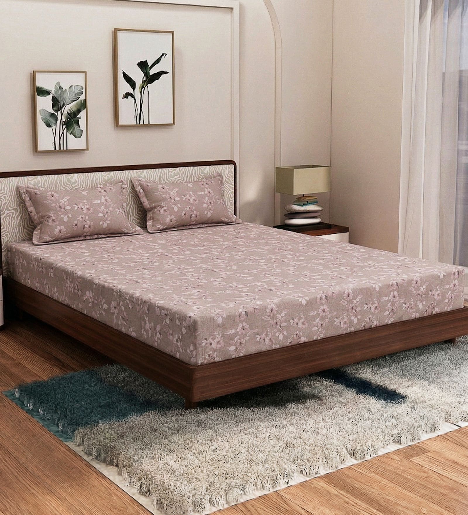 Brown Floral 180 TC Polyester King Sized Bedsheet With 2 Pillow Covers
