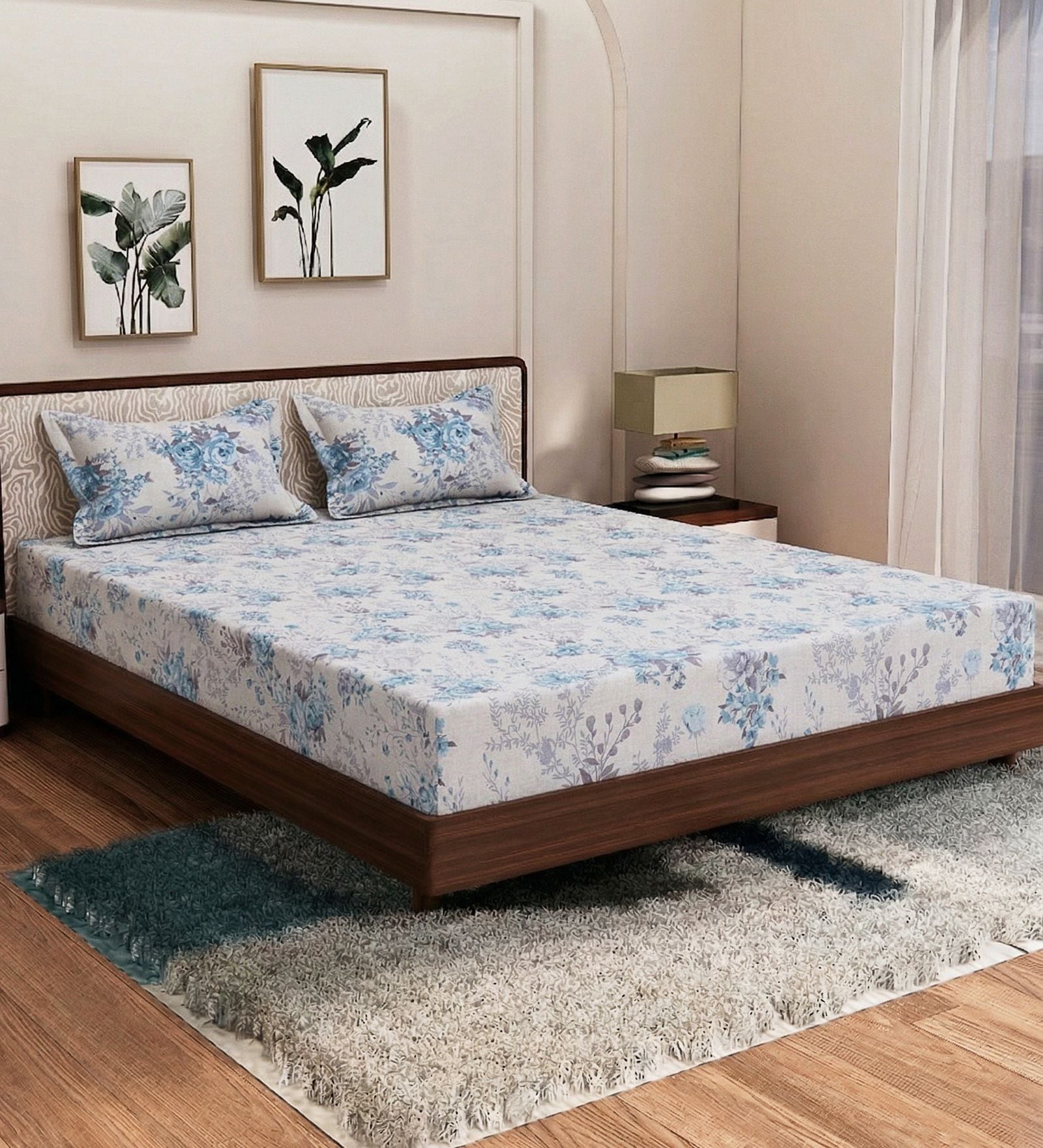 Blue Floral 180 TC Polyester King Sized Bedsheet With 2 Pillow Covers