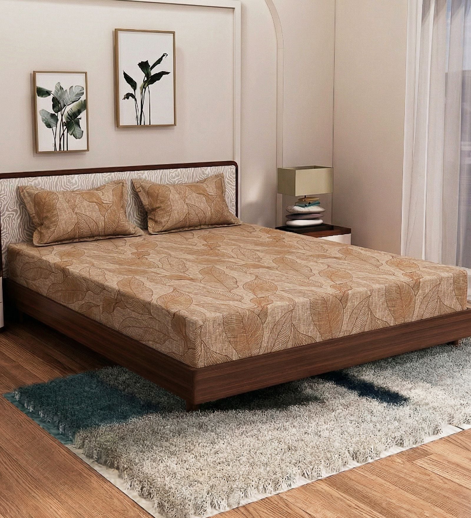 Brown Leaf 180 TC Polyester King Sized Bedsheet With 2 Pillow Covers
