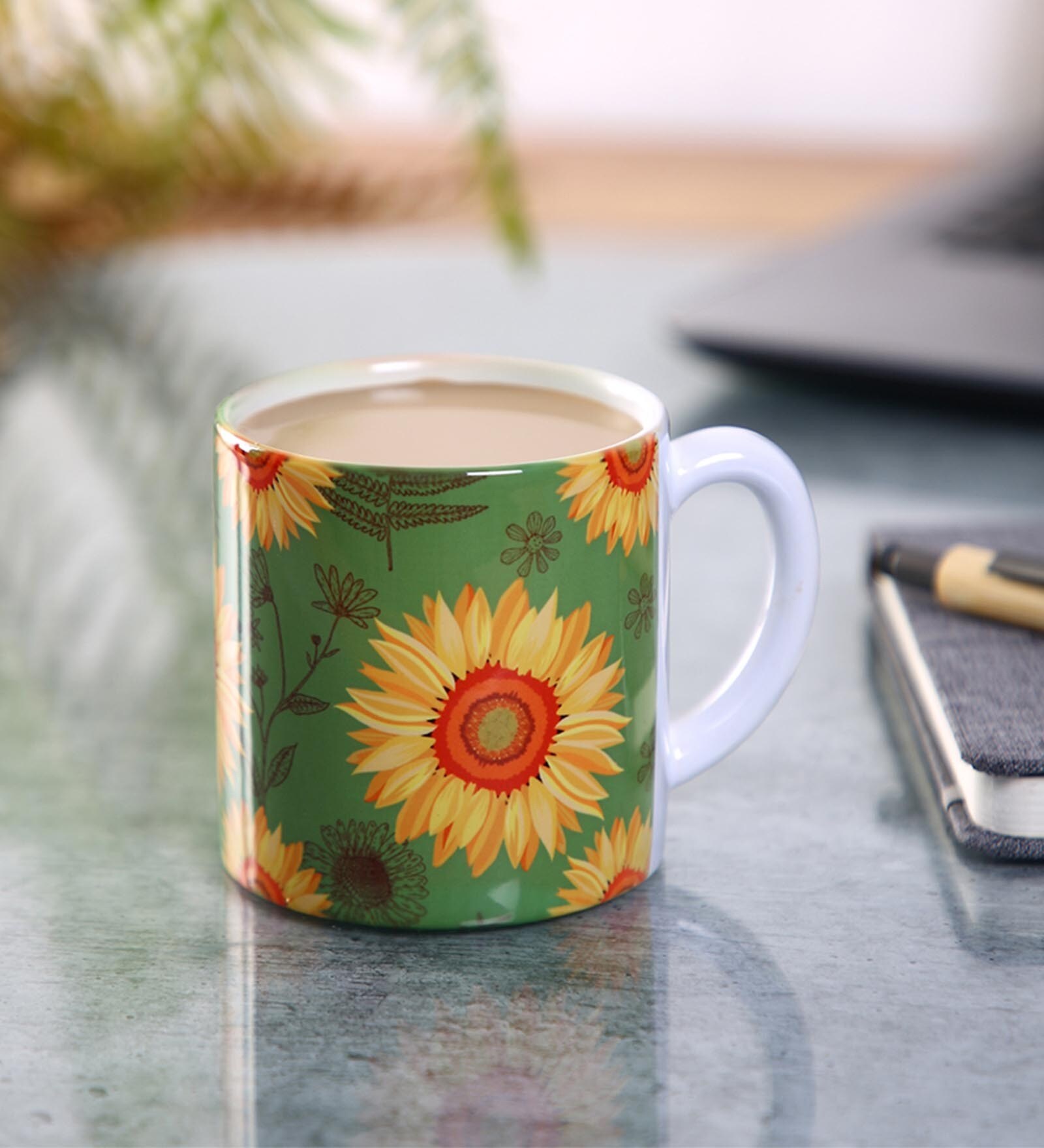 Tea Cup With Green & Yellow Sunflower Print
