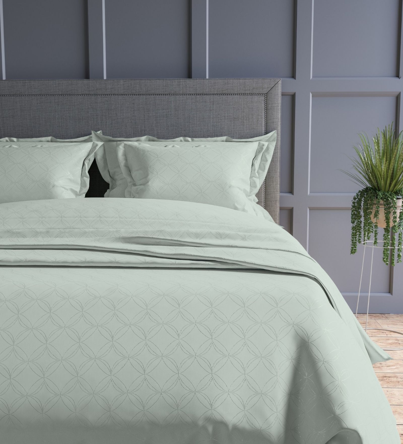 Tea Green Geometric 300TC Cotton Super King Sized Double Bedsheet with 2 piping Pillow Covers