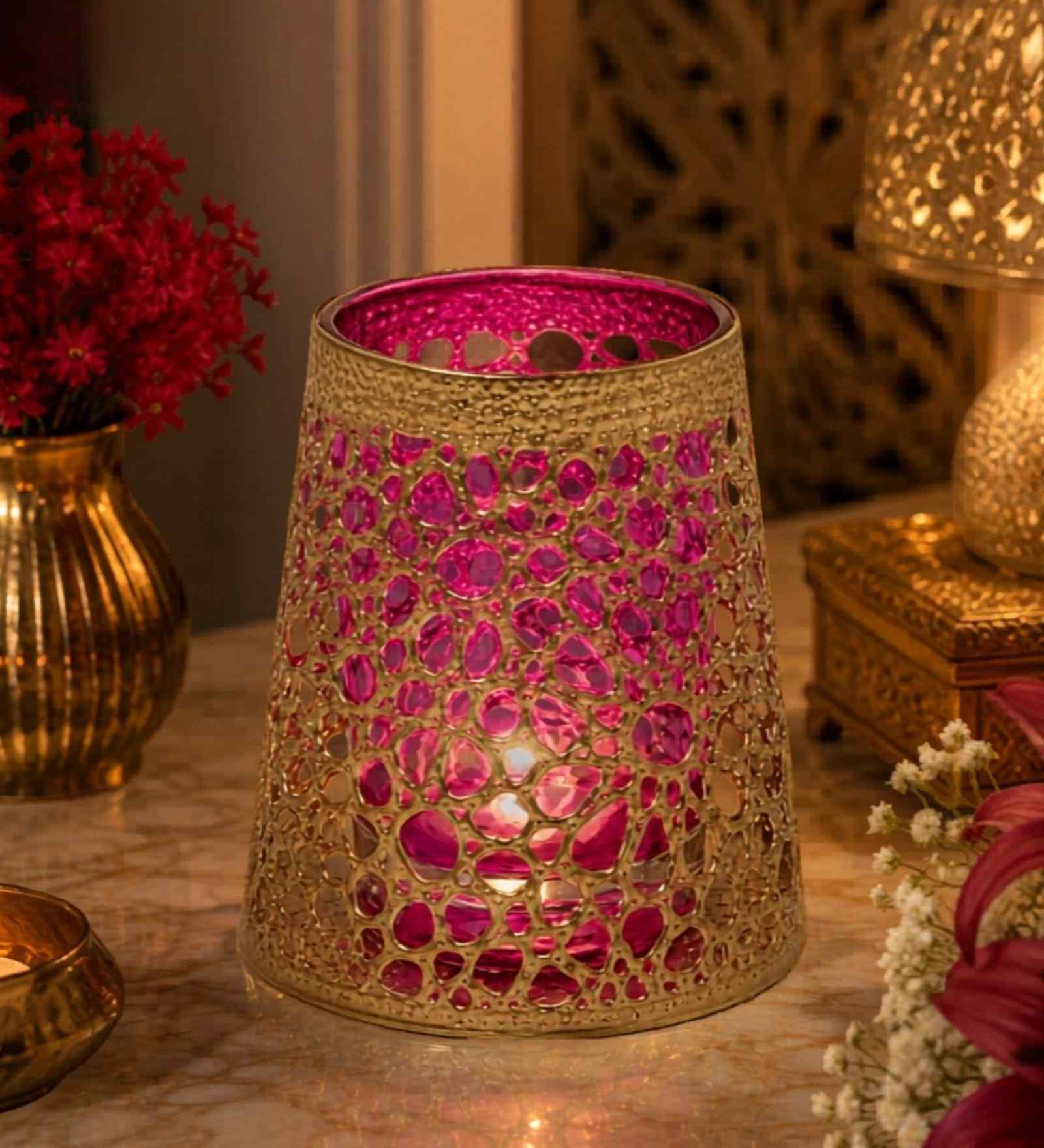 Tea Light  Gold & Pink Candle Holder for Festive Home Decor, Iron, Heat-Resistant Base