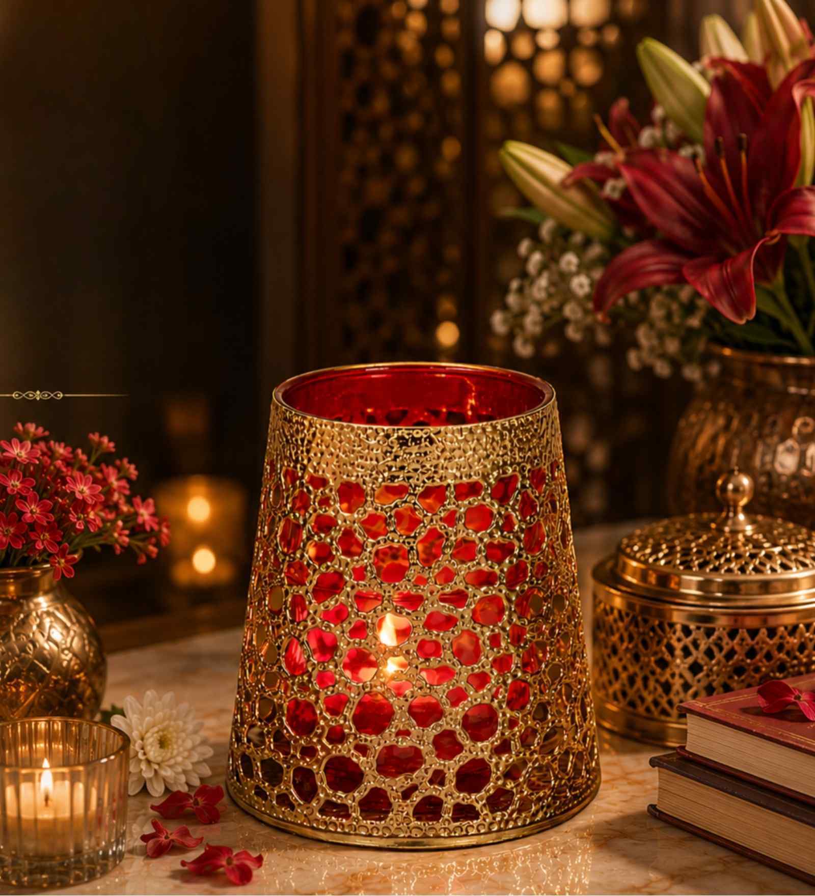 Tea Light Red Candle Holder for Festive Home Decor, Iron, Heat-Resistant Finish