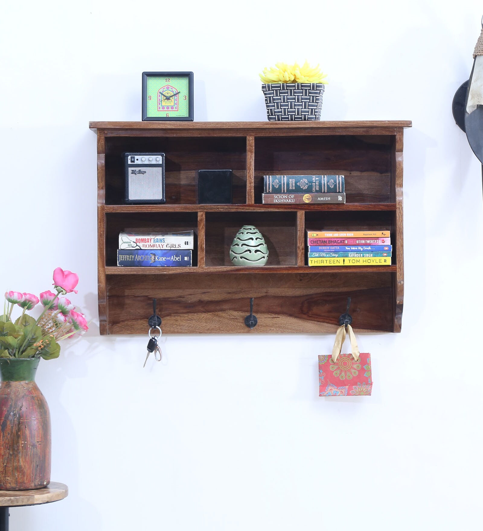 Buy Teak Finish Sheesham Wood Wall Shelf with Hooks & Drawers by Satyam