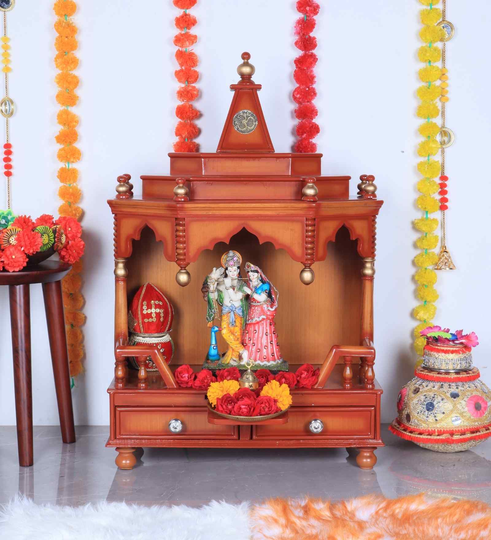 Gold Brahma Shray Floor Rested Pooja Mandir Without Door