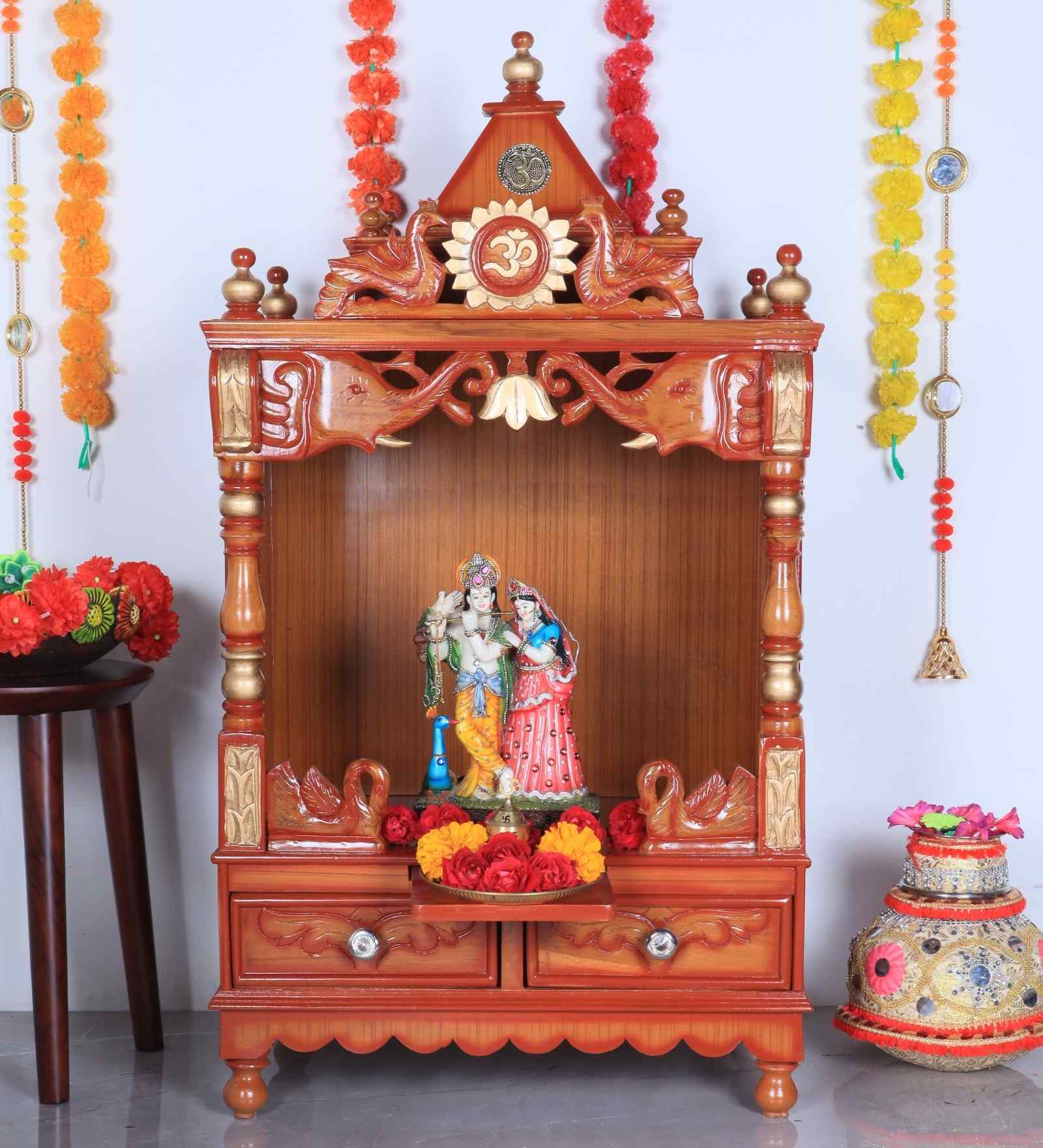 Gold Divya Nivas Medium Floor Teak Wooden Mandir Without Door