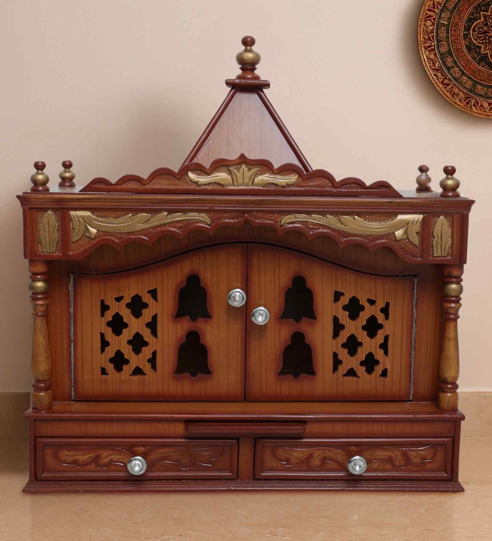 Gold Sharan Teak Wooden Mandir