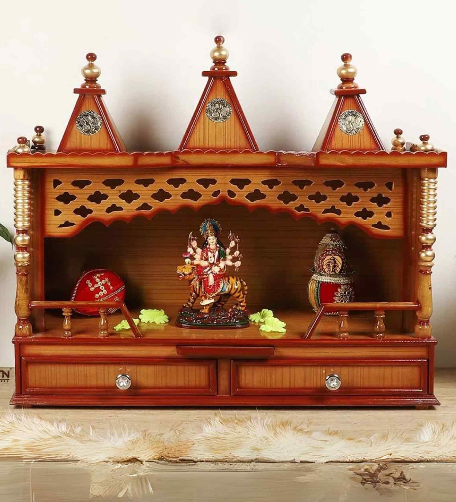 Gold Sunanda Bhawan Large Wall Mount Teak Wooden Pooja Mandir Without Door