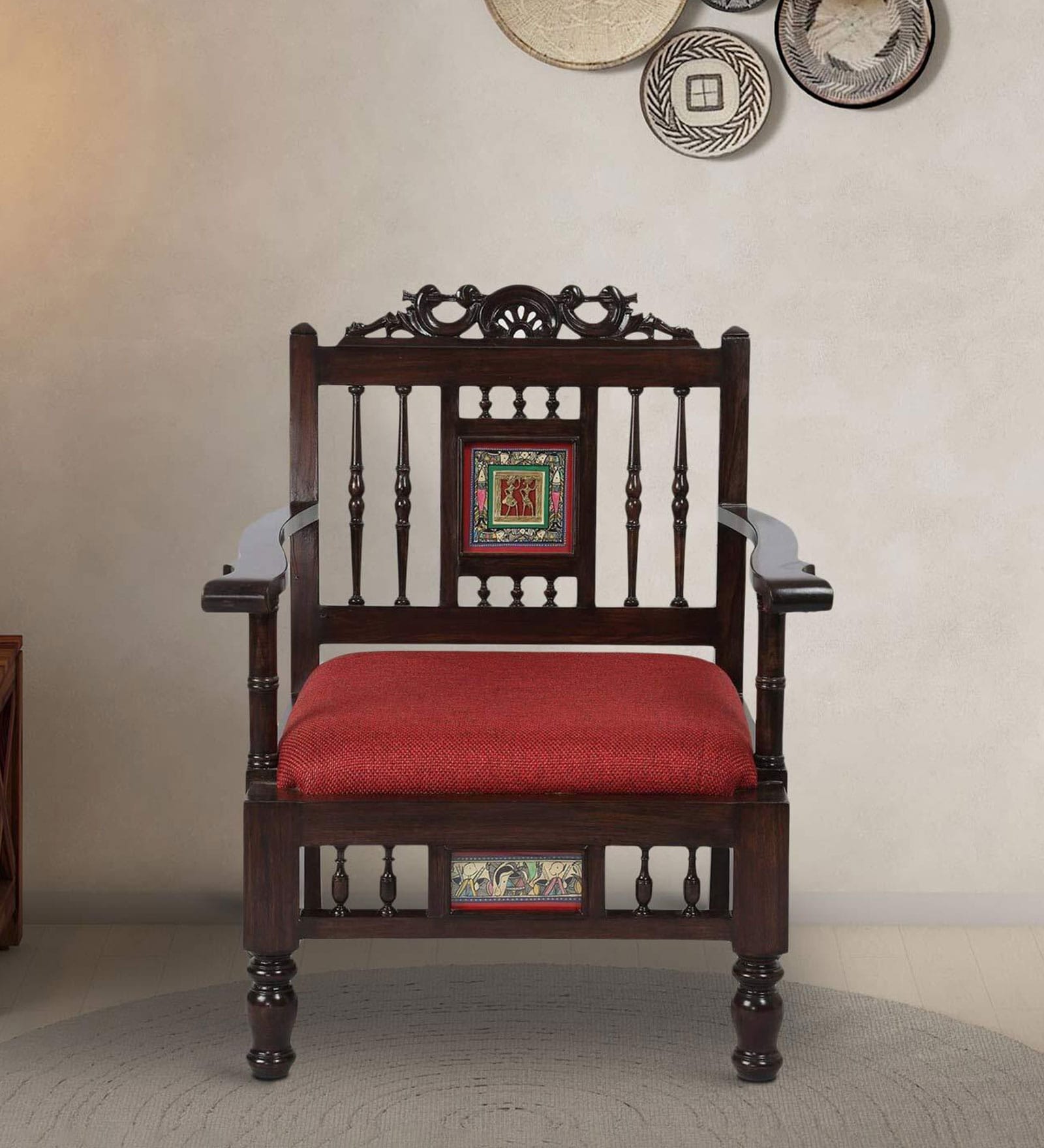 Teak Wood 1 Seater Sofa in Red & Walnut Finish