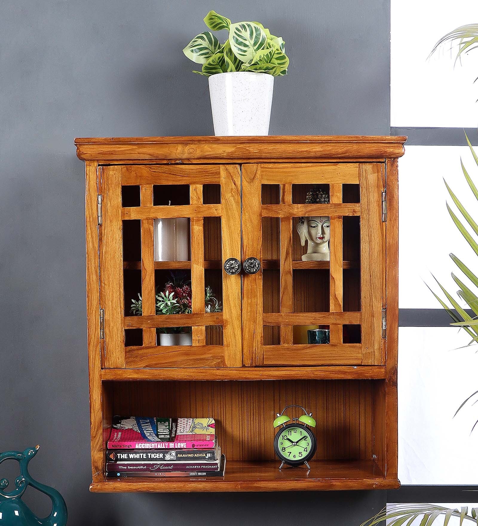 Teak Wood Modern Kitchen Cabinet In Natural Finish