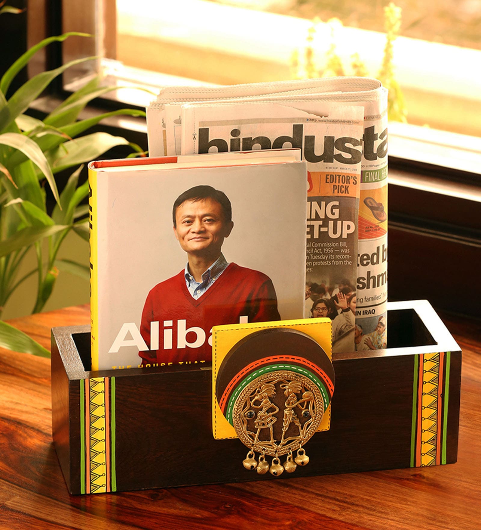 Brown Teak Wood Magazine Rack