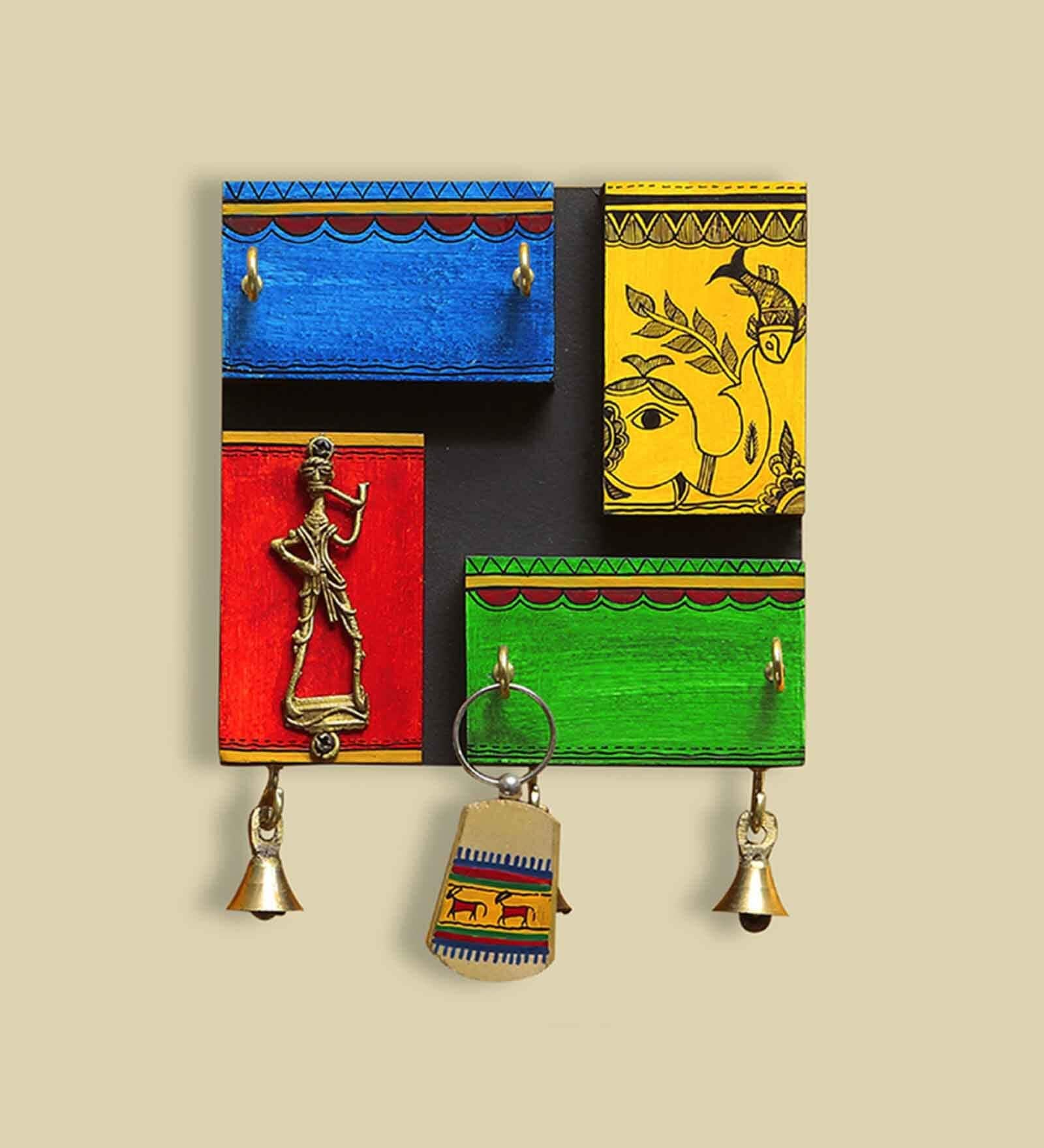 Teak Wood Warli Hand Painted Key Holder
