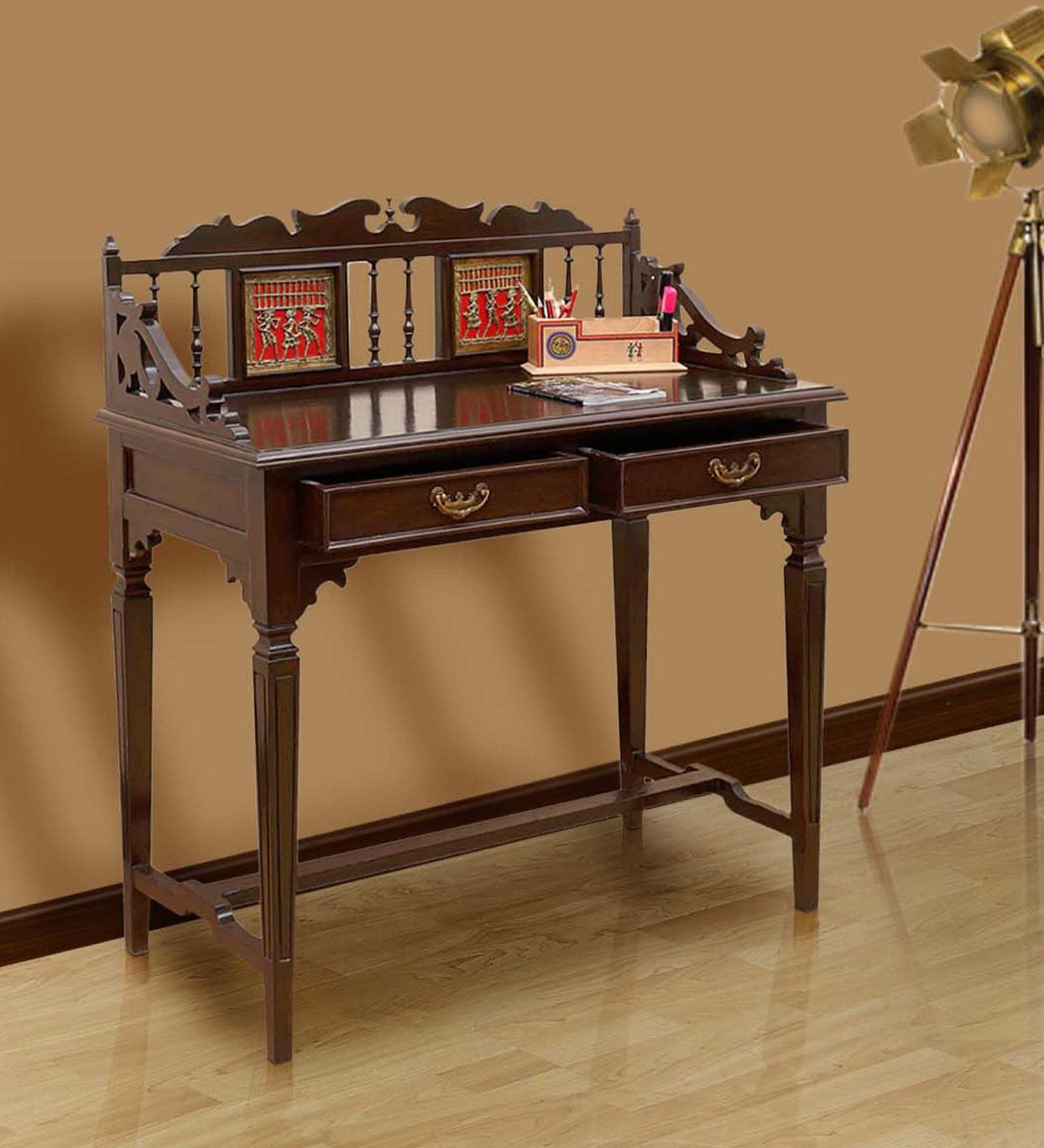 Teak Wood Writing Desk In Walnut Finish